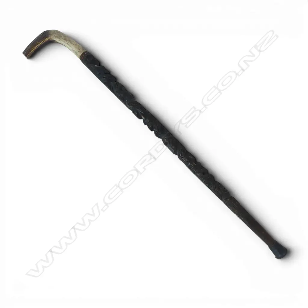 An old Maori carved walking stick (tokotoko) paua inserts + antler handle. L.900mm Image 1++