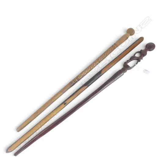 3 WALKING STICKS; TWO CARVED L.1000mm
