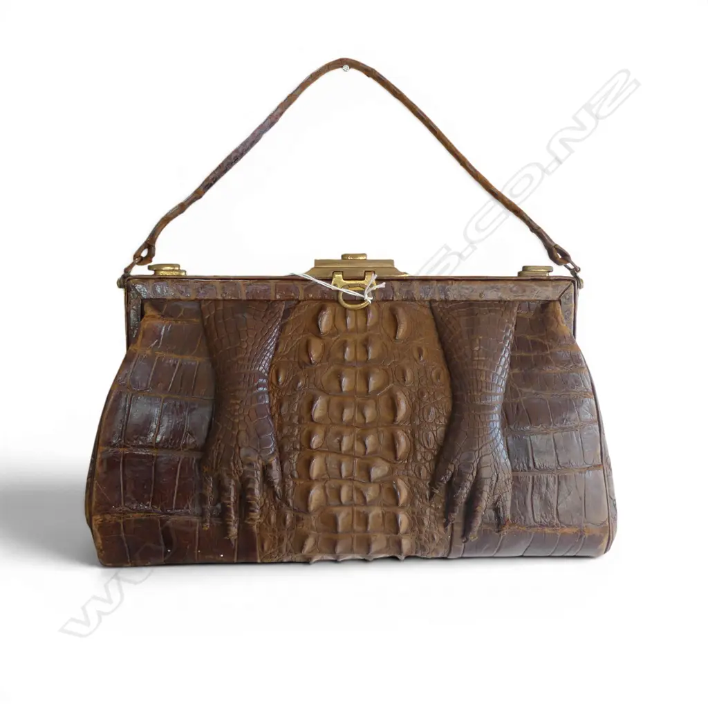 OLD ALIGATOR SKIN HAND BAG with gilt brass fittings. Some wear Image 1++