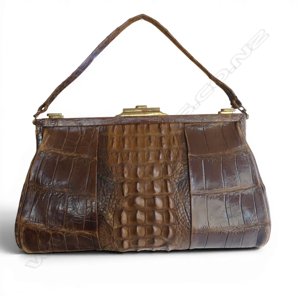OLD ALIGATOR SKIN HAND BAG with gilt brass fittings. Some wear Image 1++