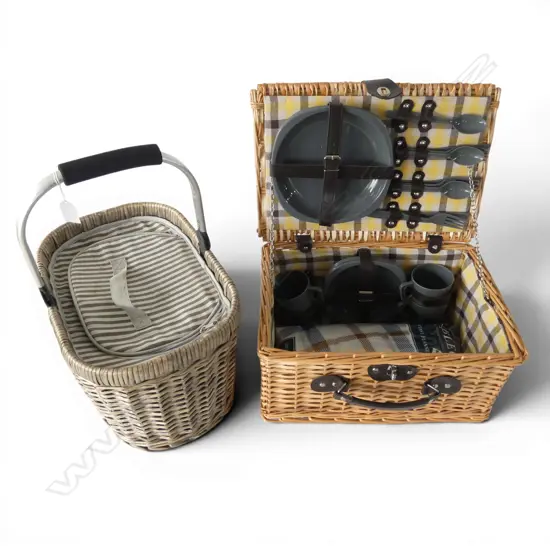 2 WOVEN CANE PICNIC BASKETS