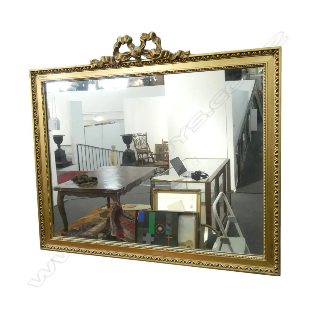 GILT FRAMED WALL MIRROR CARVED BOW TO TOP H530 W680MM Image 1++