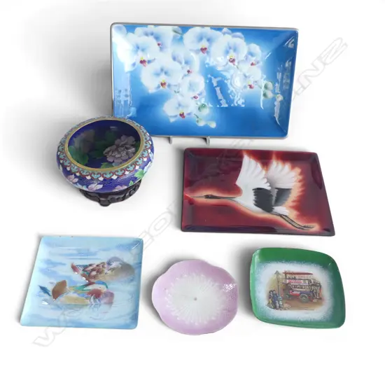 CLOISONNE BOWL on carved stand + 4 ENAMEL DISHES