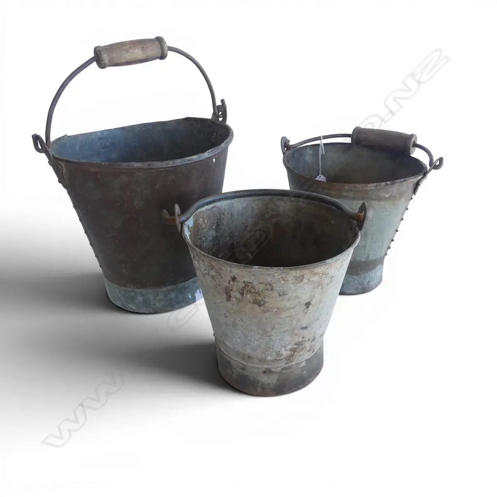 3 OLD METAL RIVOTED BUCKETS with overhead swing handles Image 1++