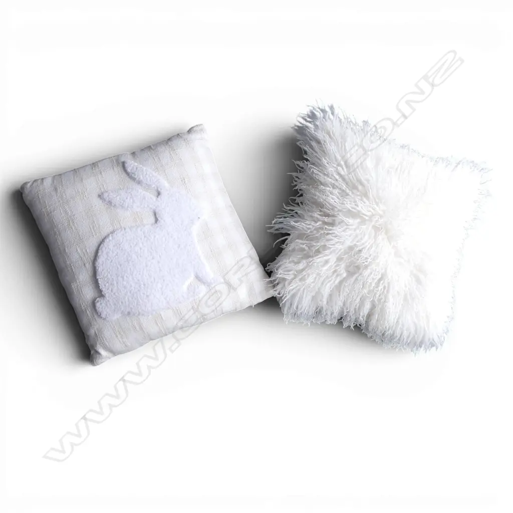2 X CUSHIONS, ONE WITH WHITE SHEEPSKIN, 400 X 400MM Image 1++