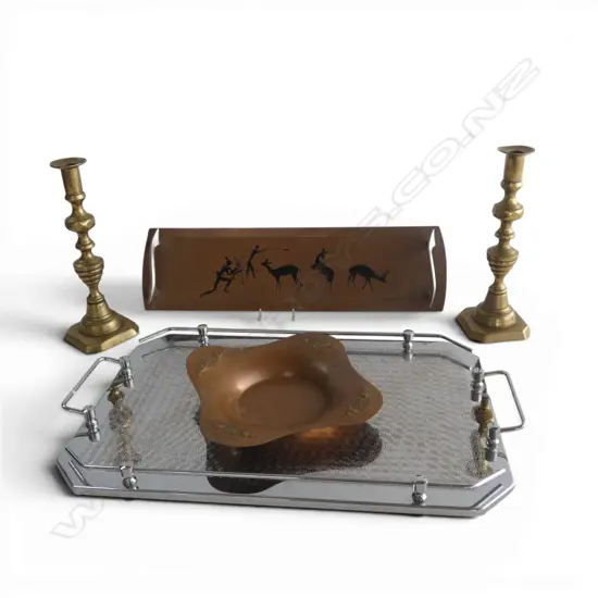 2 TRAYS W.445mm, COPPER DISH 235mm dia, PR BRASS CANDLESTICKS H.250mm