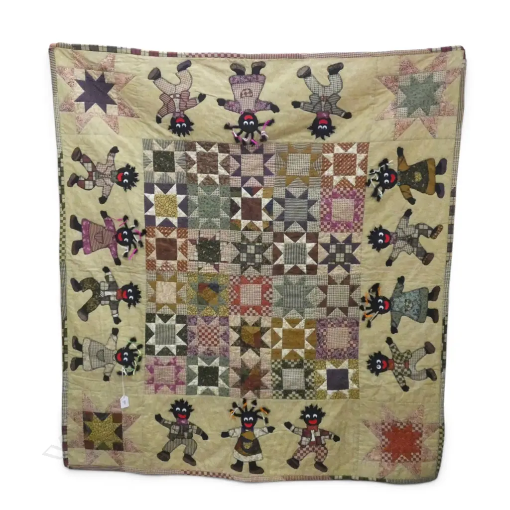 FINE QUALITY HAND MADE Star & Golly QUILT 'GROOVEY GOLLIES' 2009 by Gay Miller. 1200 x 1100mm. Detailed verso Image 1++