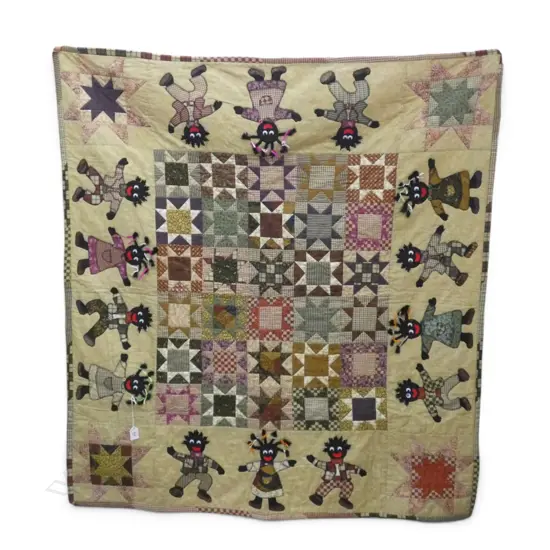 FINE QUALITY HAND MADE Star & Golly QUILT 'GROOVEY GOLLIES' 2009 by Gay Miller. 1200 x 1100mm. Detailed verso