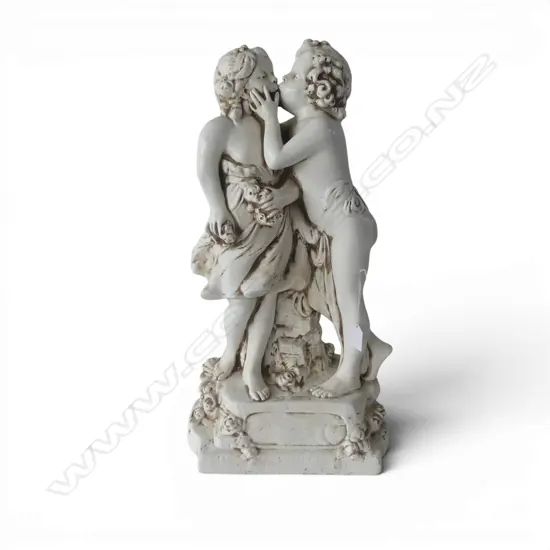 WHITE GLAZED CERAMIC FIGURE, PUTTI KISSING H.570mm
