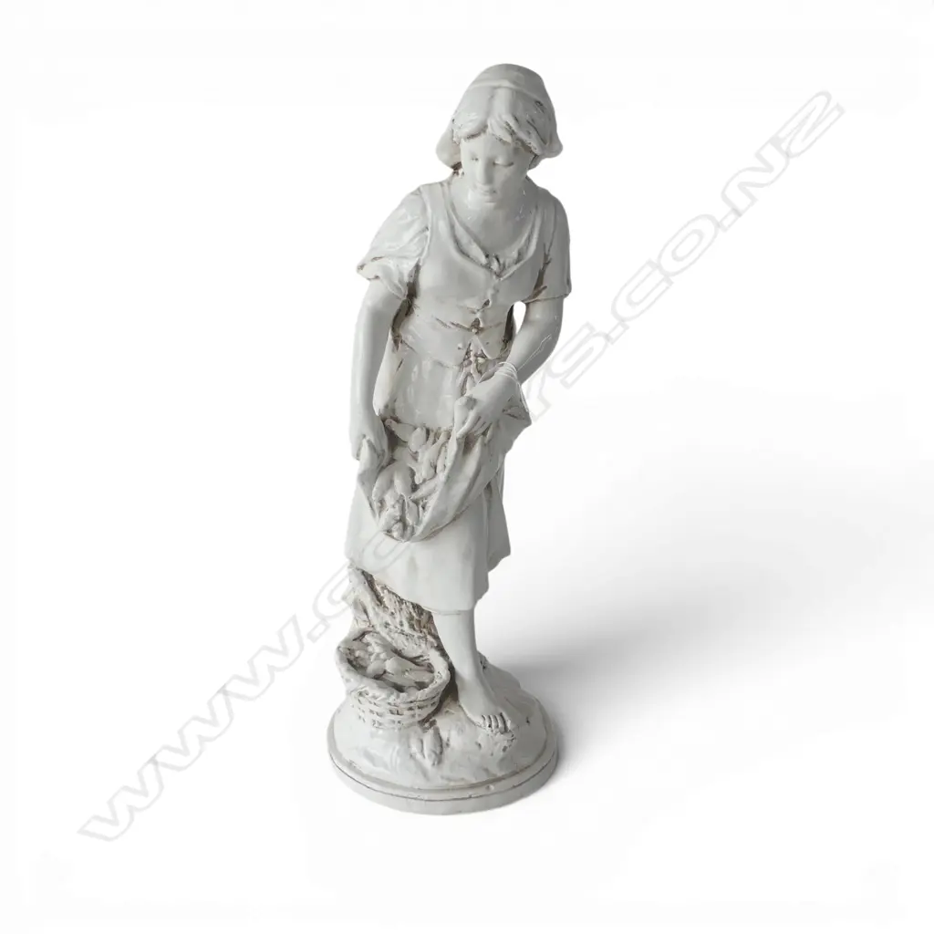 WHITE GLAZED CERAMIC FIGURE, PEASANT WOMAN w. FISH H.560mm Image 1++
