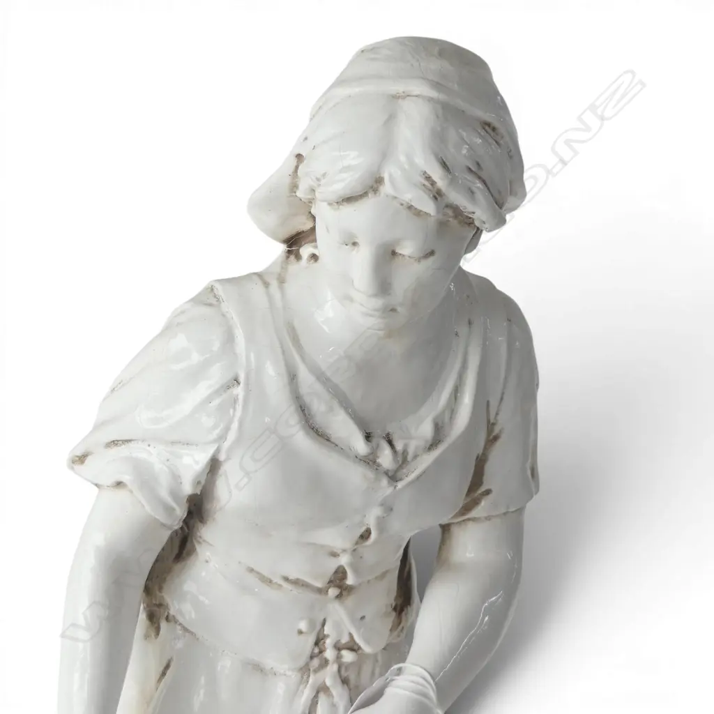 WHITE GLAZED CERAMIC FIGURE, PEASANT WOMAN w. FISH H.560mm Image 1++