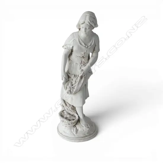 WHITE GLAZED CERAMIC FIGURE, PEASANT WOMAN w. FISH H.560mm