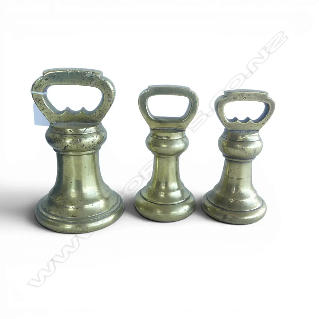 3 large OLD BRASS GROCER'S WEIGHTS dumbbell form. 14lb + 2 x 7lb.  Image 1++