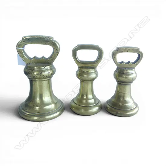 3 large OLD BRASS GROCER'S WEIGHTS dumbbell form. 14lb + 2 x 7lb. 