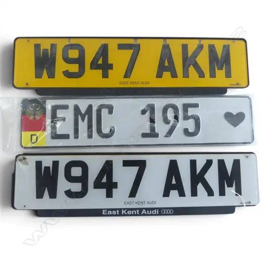 3 LICENSE PLATES; GERMANY & 2 EAST KENT AUDI W.530mm