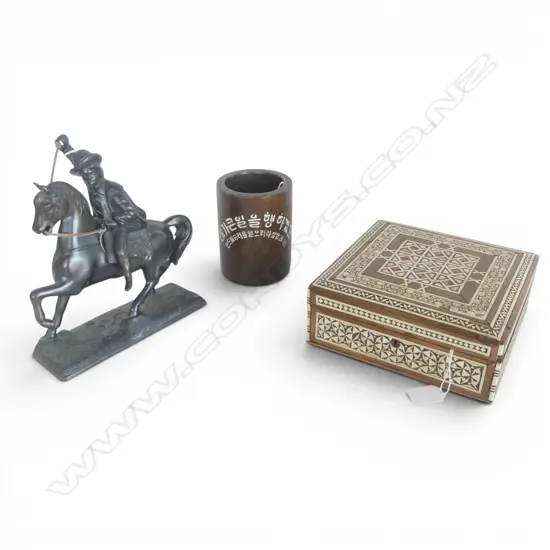 INLAID BOX, ROSEWOOD BRUSH POT & COPPER STATUE OF COWBOY H.220mm