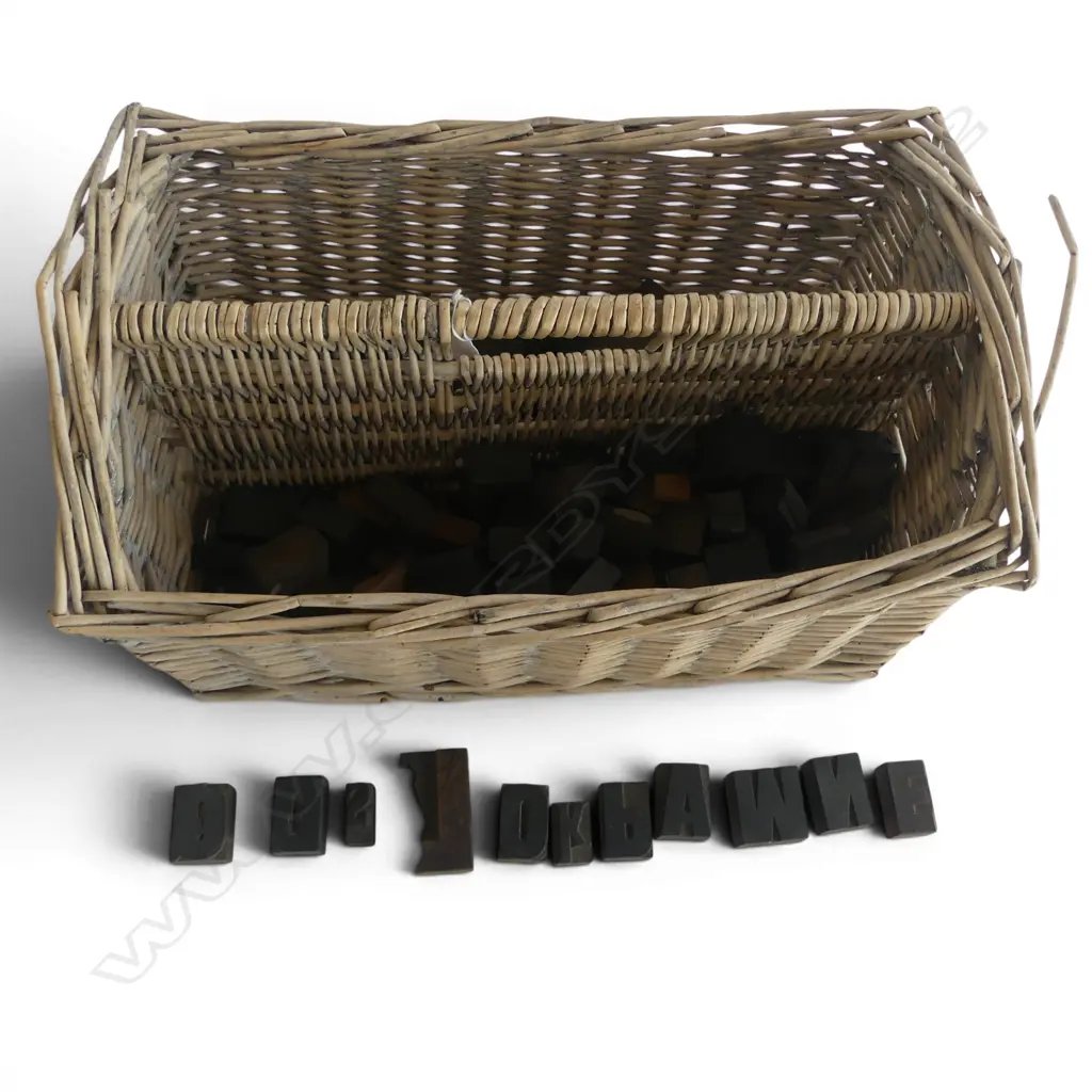 OLD CANE sectional BASKET of OLD WOODEN PRINTER'S TYPE - letters & numbers Image 1++