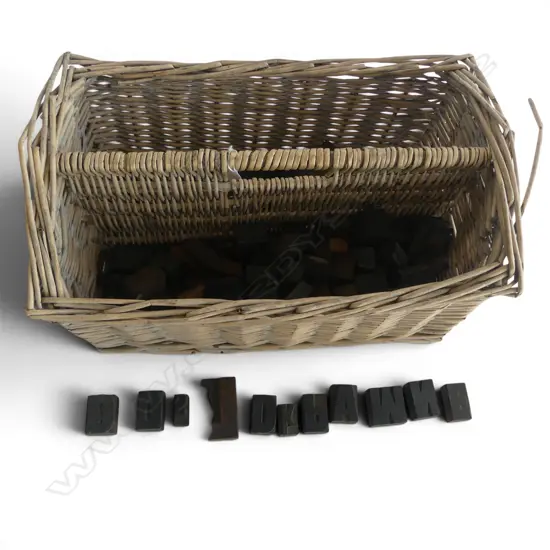 OLD CANE sectional BASKET of OLD WOODEN PRINTER'S TYPE - letters & numbers