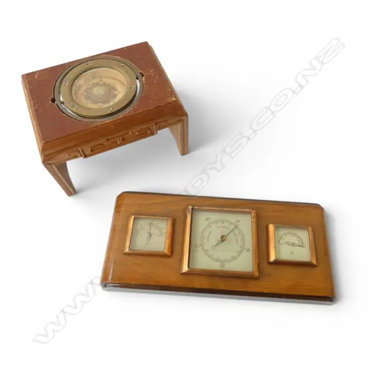 GIMBLED COMPASS ON CARVED CHINESE STAND + 3 GAUGE BAROMETER