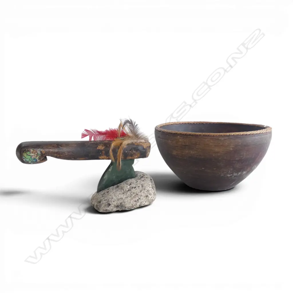 WOODEN BOWL 300mm dia + ADZE w. GREENSTONE BLADE Image 1++