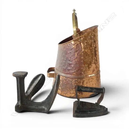 BRASS BUCKET H.330mm, CAST IRON SHOE LAST & IRON '1900 CANNON'