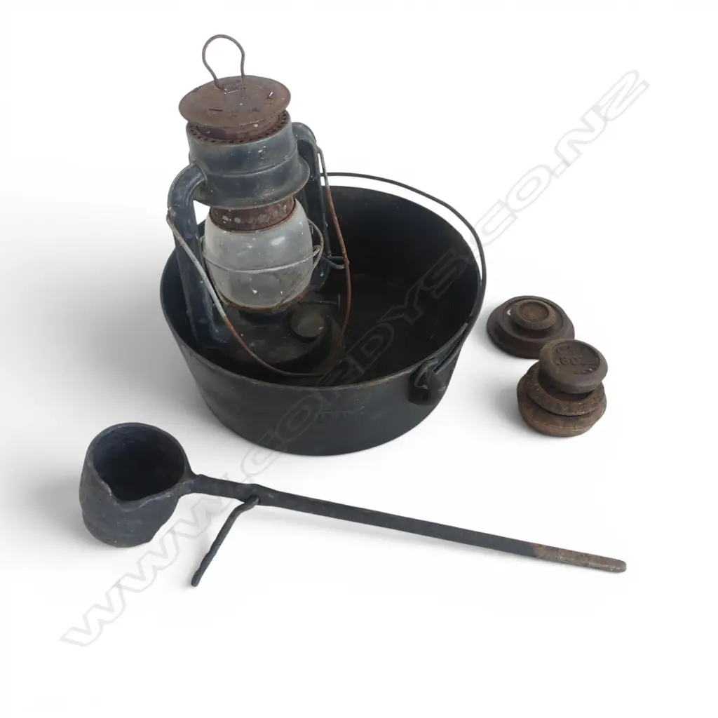 VINTAGE CAST IRON POT, LANTERN, 5 ASST. SCALE WEIGHTS & SMELTING LADLE L.380mm Image 1++