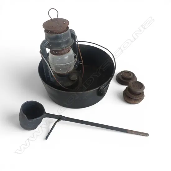VINTAGE CAST IRON POT, LANTERN, 5 ASST. SCALE WEIGHTS & SMELTING LADLE L.380mm