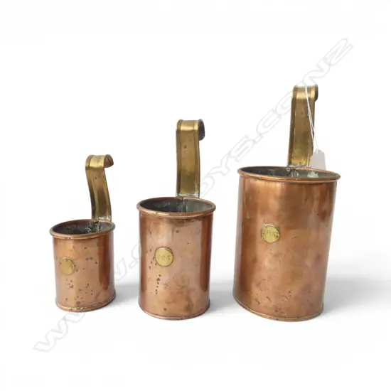 3 COPPER MEASURES; 2, 1, 1/2 PINT H.240mm