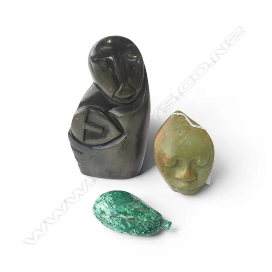 3 CARVED STONES; VERDITE FACE, MALACHITE FRUIT, TWO FACES IN RAPOKO H.195mm