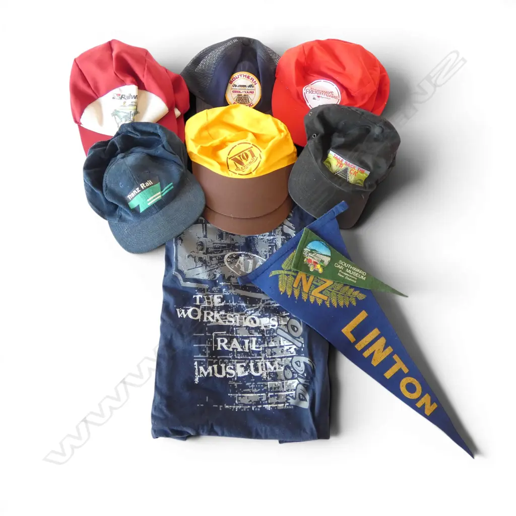 BOX 9 NZ RAILWAYS CAPS + 2 PENNANTS + RAILWAY WORKSHP TEE SHIRT Image 1++