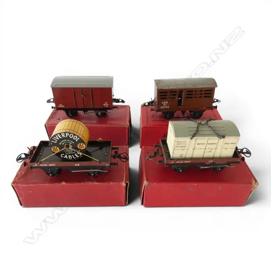 4 VINTAGE HORNBY RAILROAD '0' GAUGE RAILWAY WAGONS w ORIGINAL BOXES