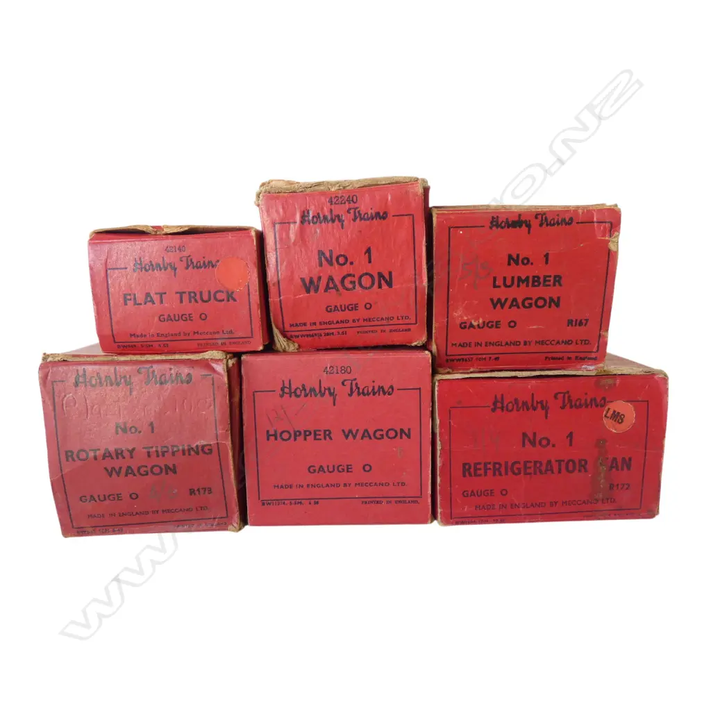 6 VINTAGE HORNBY RAILROAD '0' GAUGE RAILWAY WAGONS w ORIGINAL BOXES Image 1++