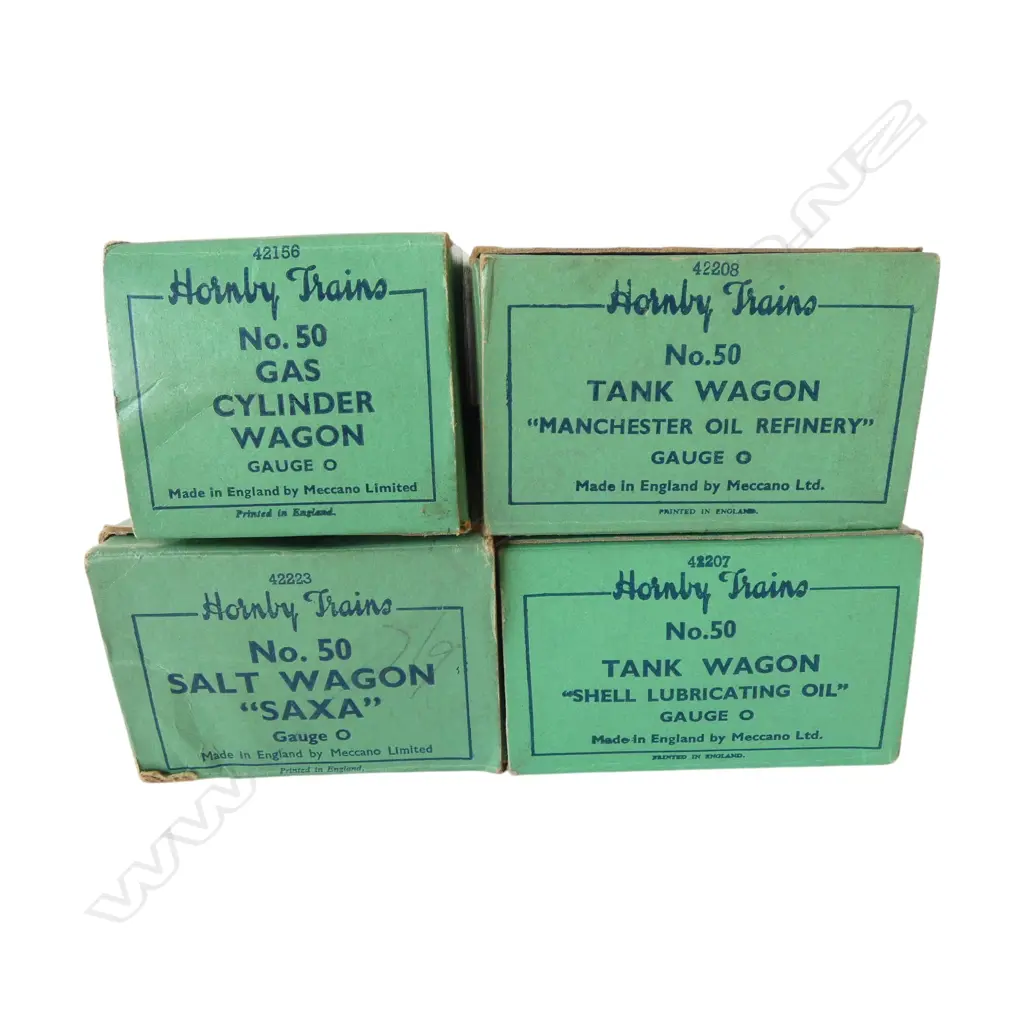 4 VINTAGE HORNBY GRN BOX '0' GAUGE RAILWAY WAGONS w ORIGINAL BOXES Image 1++