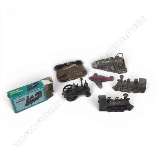 2 US STEAMTRAIN BELT BUCKLES, 3 CAST MODEL STEAMTRAINS & MODEL LEAD PLANE