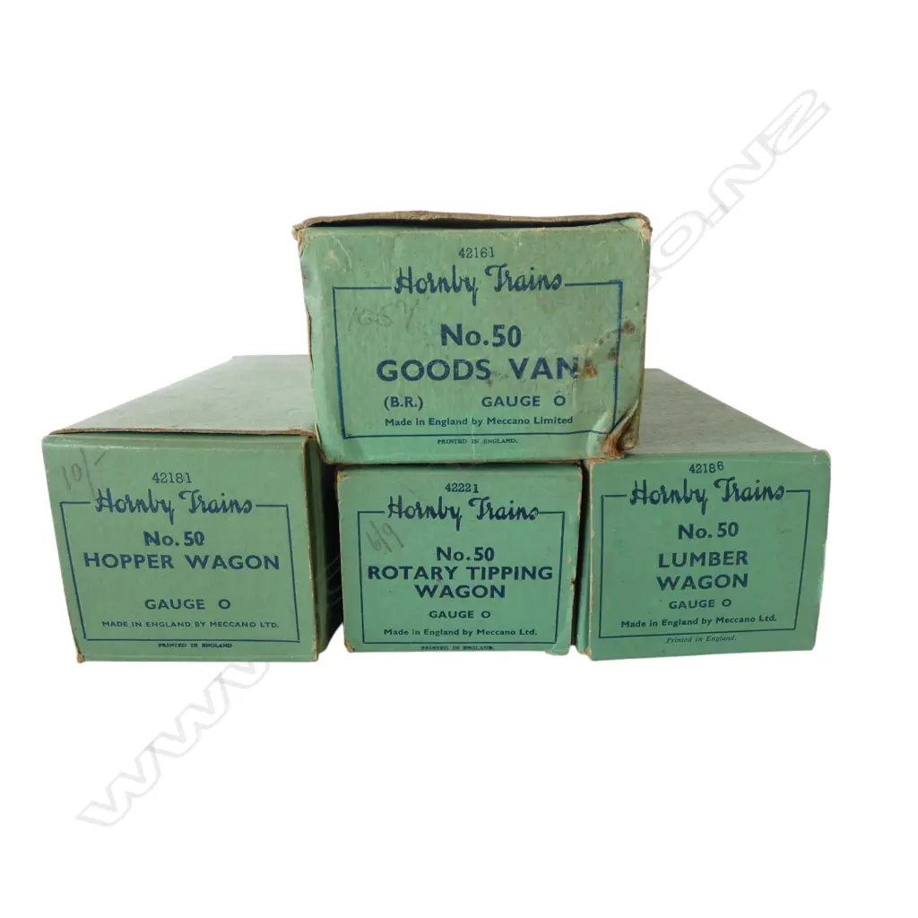 4 VINTAGE HORNBY GREEN BOX '0' GAUGE RAILWAY WAGONS w ORIGINAL BOXES Image 1++