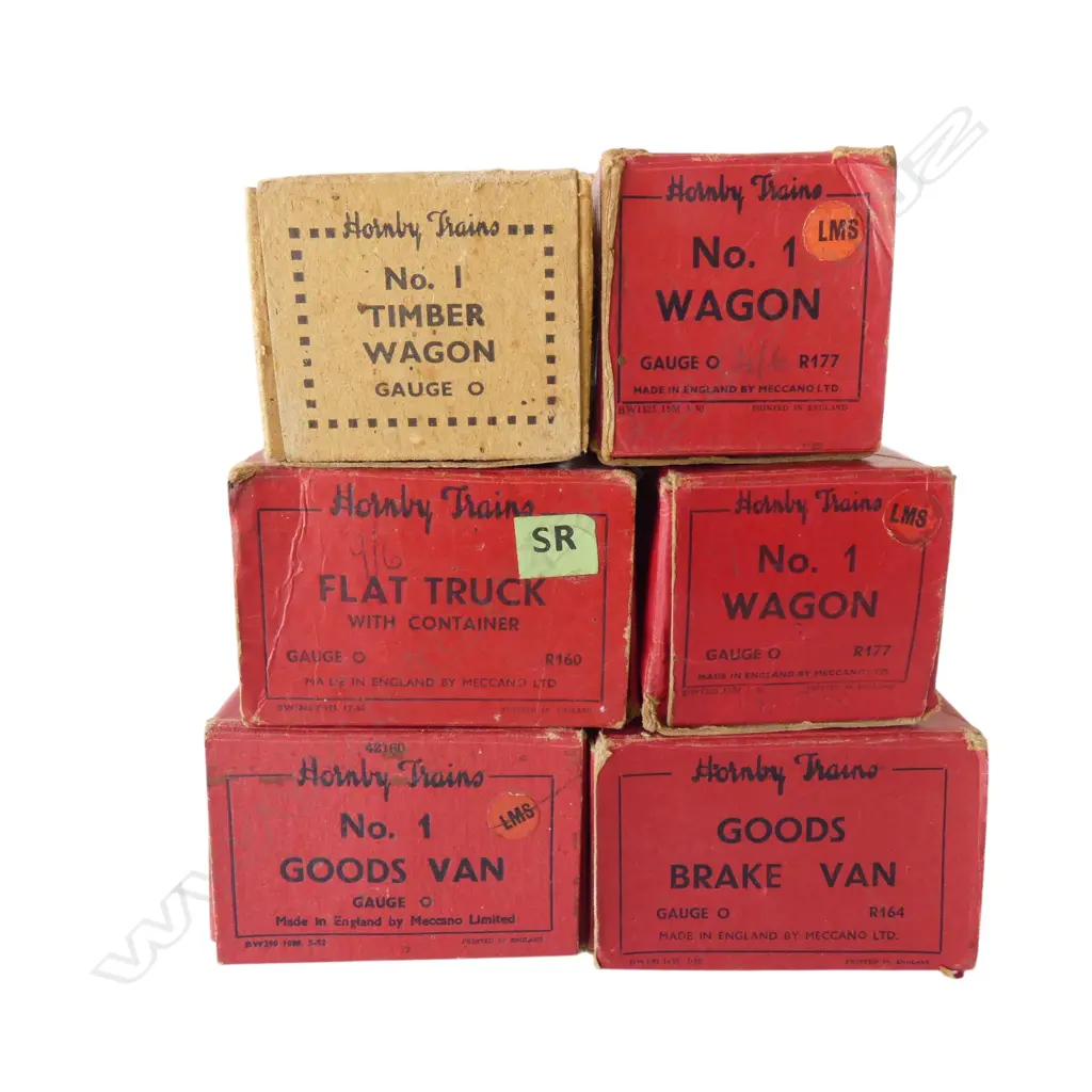 6 VINTAGE HORNBY RAILROAD '0' GAUGE RAILWAY WAGONS w ORIGINAL BOXES; 5 RED BOX 1 BROWN BOX Image 1++