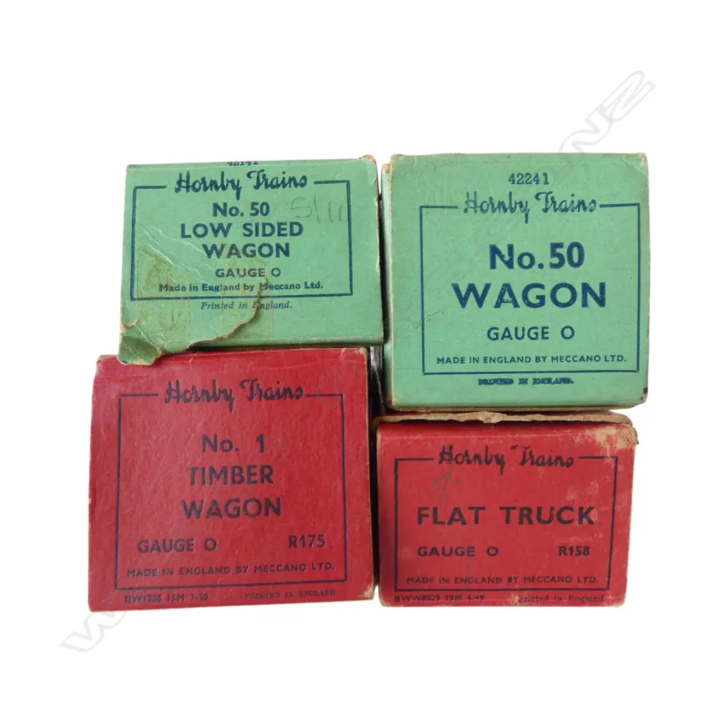 4 VINTAGE HORNBY '0' GAUGE RAILWAY WAGONS w ORIGINAL BOXES, 2 GREEN BOX, 2 RED BOX Image 1++