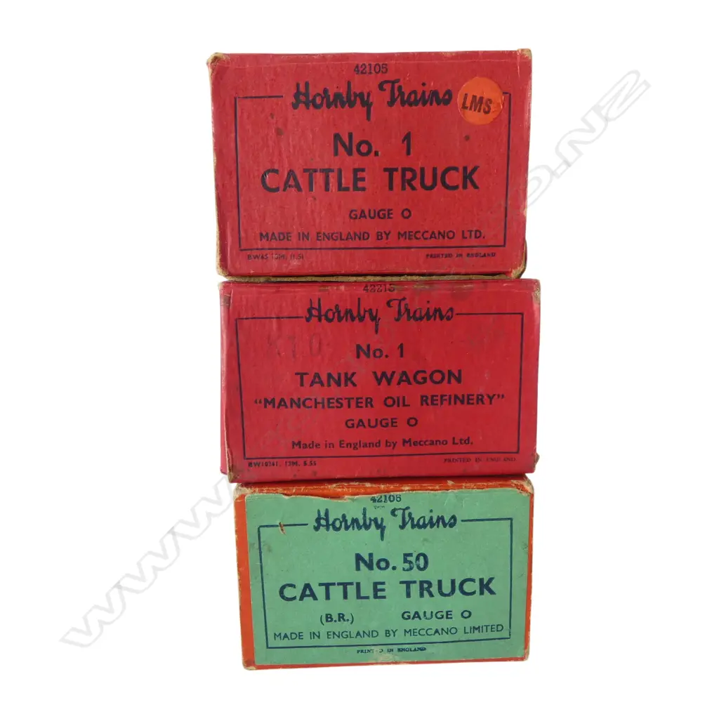 3 VINTAGE HORNBY RAILROAD '0' GAUGE RAILWAY WAGONS w ORIGINAL BOXES Image 1++