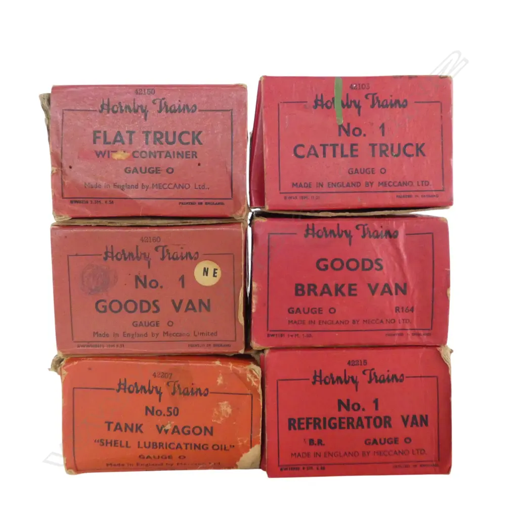 6 VINTAGE HORNBY RAILROAD '0' GAUGE RAILWAY WAGONS w ORIGINAL BOXES Image 1++