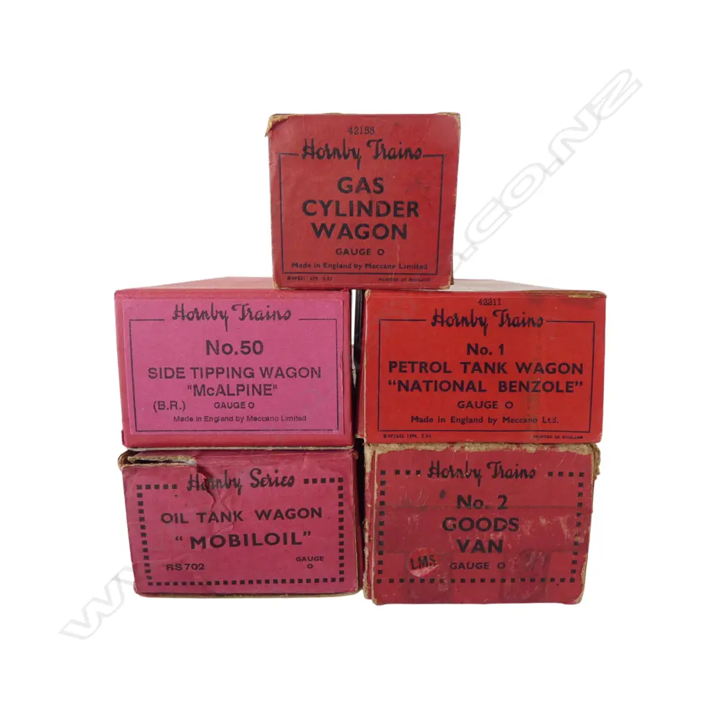 5 VINTAGE HORNBY RAILROAD '0' GAUGE RAILWAY WAGONS w ORIGINAL BOXES Image 1++