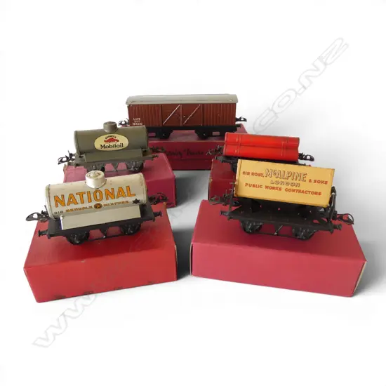 5 VINTAGE HORNBY RAILROAD '0' GAUGE RAILWAY WAGONS w ORIGINAL BOXES
