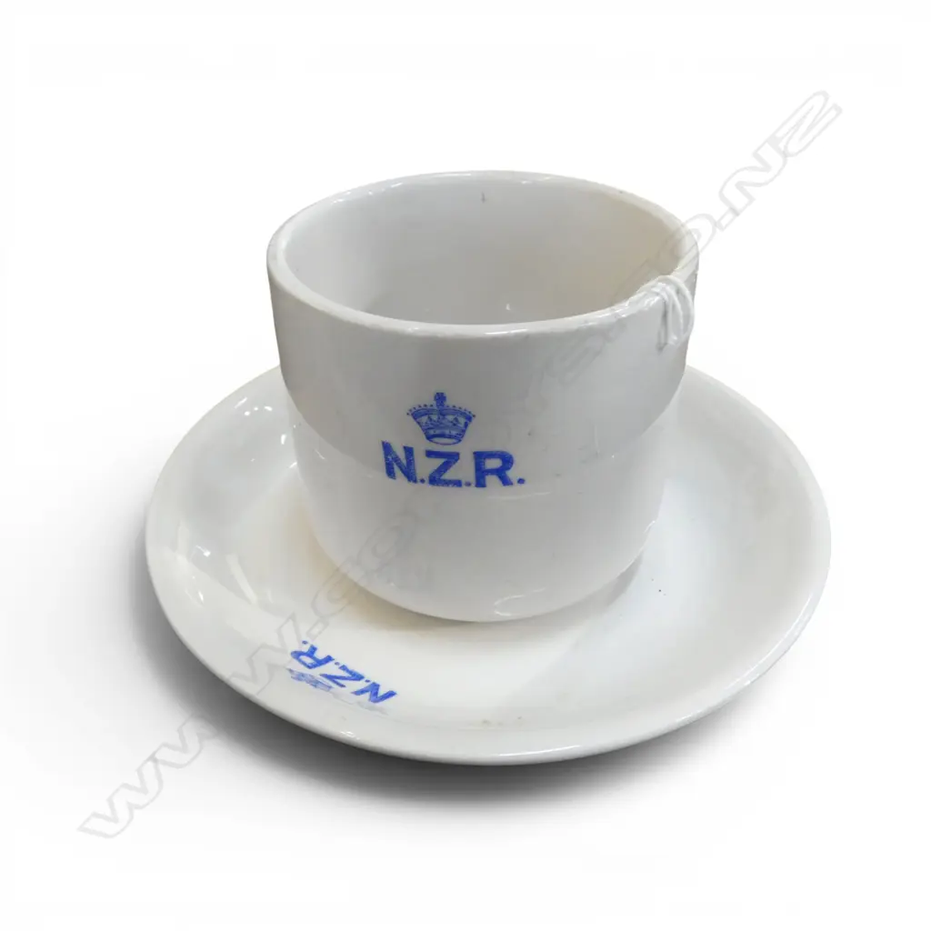 OLD Crown Lynn NZR (NZ Railways) CUP & SAUCER with crowned blue N.Z.R. logo. Image 1++