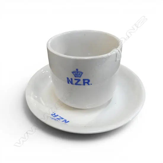 OLD Crown Lynn NZR (NZ Railways) CUP & SAUCER with crowned blue N.Z.R. logo.