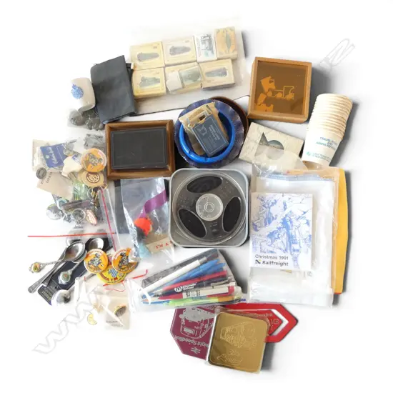 ASST. TRAIN SOUVENIRS; BADGES, CIG. CARDS. KEY RINGS ETC NZ/AUS/GB & SUPER 8 REEL MOSTLY TRAINS