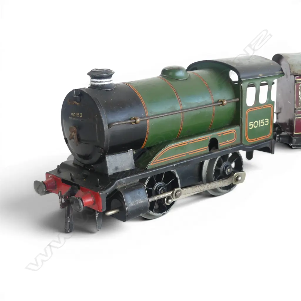 VINTAGE HORNBY MODEL RAILWAY LOCOMOTIVE NO.51 50153, WINDUP & 3 CARRIAGES Image 1++