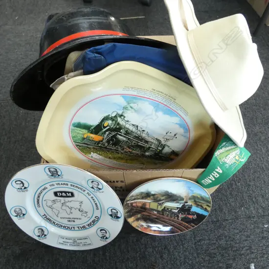 TRAIN TRAY & LTD ED. PLATE, DC10 HAT, FIREMAN'S HELMET ETC