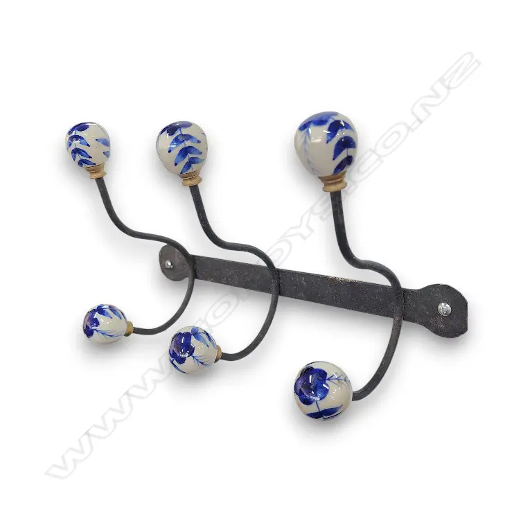 WALL COAT RACK W WHITE AND BLUE FLORAL PORCELAIN KNOBS Image 1++