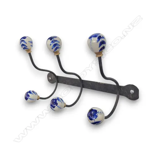 WALL COAT RACK W WHITE AND BLUE FLORAL PORCELAIN KNOBS