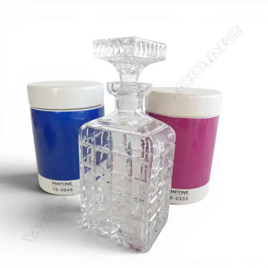 2 PANTONE JARS + CRYSTAL DECANTER 