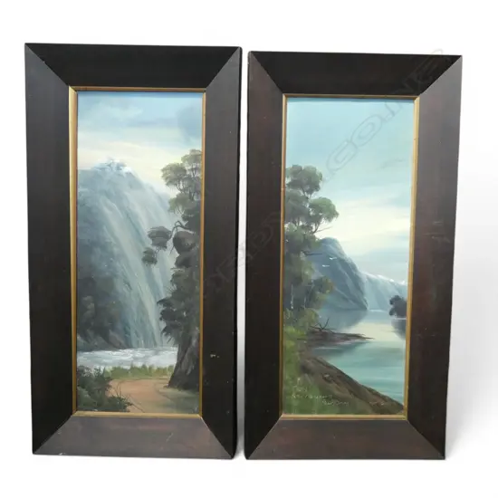 PAUL WREN, 2 OIL ON CARDS, MANAPOURI & OTIRA GORGE, 590x230mm